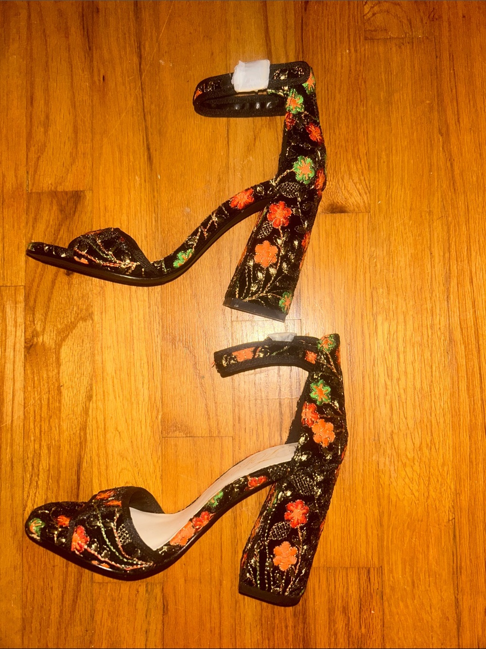 Fergie Black Velvet Floral Embroidered Ankle-Strap Heels with Orange Flowers